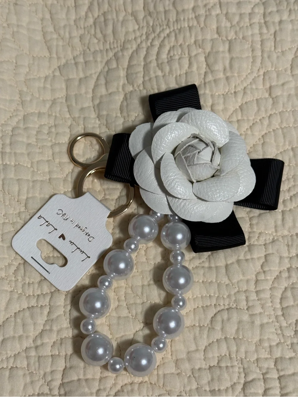 Bag charm/keychain White Flower w/ Pearl & black chain! You pick one!!! NWT